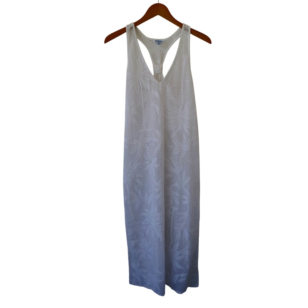 Blue Island White Crochet Lace‎ Palm Leaf Maxi Dress Swim Cover Up Racerback S